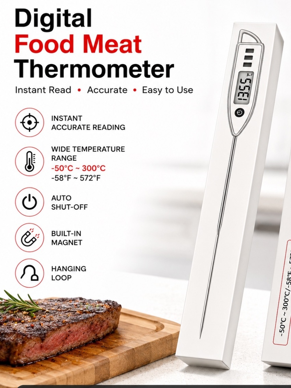 Digital Food Meat Thermometer - White